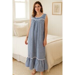 Alexander Rossa Blue Gingham Cotton Nightgown XL Ballet Length Cottagecore